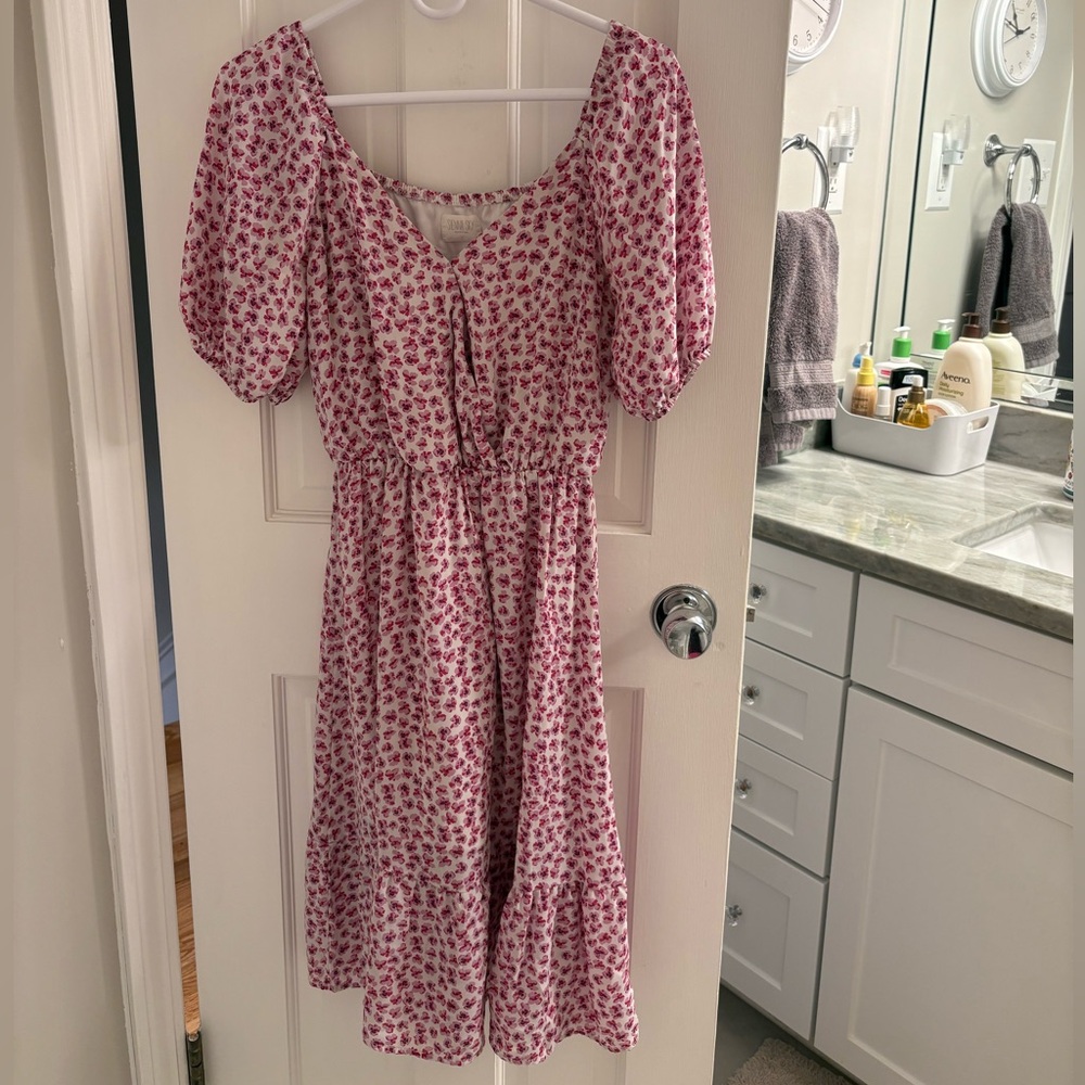 Floral Pink Short Sleeve Dress Midi